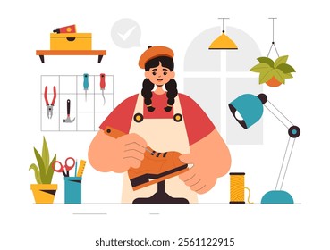 Shoemaker Profession Vector Illustration featuring the Process of Shoe Repair, Footwear Manufacturing, and Design in a Flat Style Cartoon Background