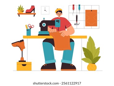 Shoemaker Profession Vector Illustration featuring the Process of Shoe Repair, Footwear Manufacturing, and Design in a Flat Style Cartoon Background