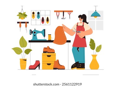 Shoemaker Profession Vector Illustration featuring the Process of Shoe Repair, Footwear Manufacturing, and Design in a Flat Style Cartoon Background