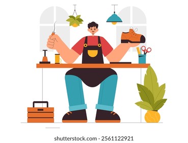 Shoemaker Profession Vector Illustration featuring the Process of Shoe Repair, Footwear Manufacturing, and Design in a Flat Style Cartoon Background