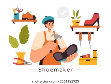 Shoemaker Profession Vector Illustration featuring the Process of Shoe Repair, Footwear Manufacturing, and Design in a Flat Style Cartoon Background