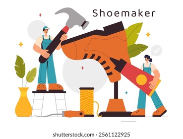 Shoemaker Profession Vector Illustration featuring the Process of Shoe Repair, Footwear Manufacturing, and Design in a Flat Style Cartoon Background