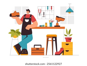 Shoemaker Profession Vector Illustration featuring the Process of Shoe Repair, Footwear Manufacturing, and Design in a Flat Style Cartoon Background