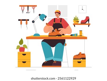 Shoemaker Profession Vector Illustration featuring the Process of Shoe Repair, Footwear Manufacturing, and Design in a Flat Style Cartoon Background