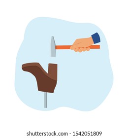 A shoemaker is repairing shoes for a woman with a hammer. Flat vector illustration.