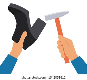 A shoemaker is repairing shoes for a woman with a hammer. Flat vector illustration.