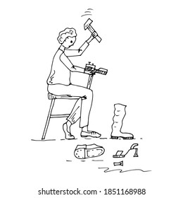 A shoemaker repairs shoes. Vector illustration. Sketch.