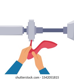 Shoemaker repairs shoes for a woman on the machine. Flat vector illustration.