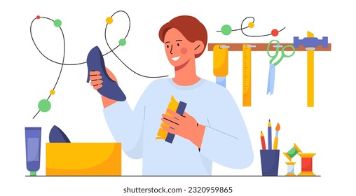 Shoemaker with shoe and brush concept. Man cleans shoes from dirt and dust. Fashion, trend and beauty. Style, aesthetics and elegance. Cobbler profession. Cartoon flat vector illustration