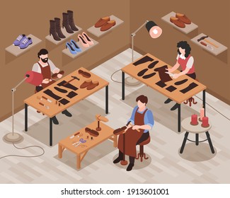 Shoemaker shop interior isometric composition with craftsmen repairing and making customer shoes footwear by hand vector illustration 