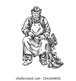 Shoemaker. A sitting man repairs shoes. Sketch. Engraving style. Vector illustration.