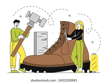 Shoemaker team simple. Man and woman near big hammer and brown boot. Leather shoe. Studio or workshop. Fashion and style. Doodle flat vector illustration isolated on white background