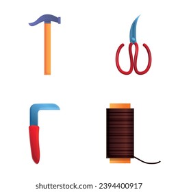 Shoemaker tool icons set cartoon vector. Footwear sewing and repair. Сustom shoe atelier, workshop