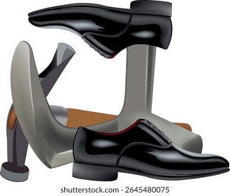 Shoemaker tools and formal shoes resembling shoemaking process