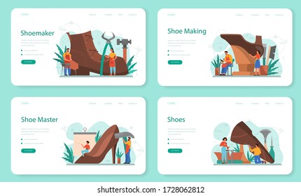 Shoemaker web banner or landing page set. Male and female character wearing an apron mending shoe. Handmade shoes, retro manufacturing. Isolated vector illustration