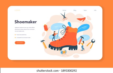 Shoemaker web banner or landing page. Male and female character mending shoe. Handmade shoes, retro manufacturing. Isolated vector illustration