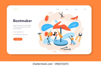 Shoemaker Web-Banner oder Landing-Seite. Männerschuh für männliche und weibliche Charaktere. Handgefertigte Schuhe, Retro-Herstellung. Einzelne Vektorgrafik