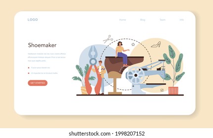 Shoemaker web banner or landing page. Craftsman wearing an apron mending shoe. Handmade shoes manufactoring, cobbler profession. Isolated vector illustration