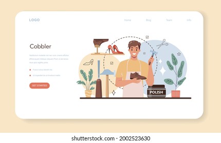 Shoemaker Web-Banner oder Landing-Seite. Handwerker mit einem Schürze-Schuh. Handgefertigte Schuhfabrik, Schuster Beruf. Einzelne Vektorgrafik
