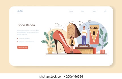 Shoemaker web banner or landing page. Craftsman wearing an apron mending shoe. Handmade shoes manufactoring, cobbler profession. Isolated vector illustration