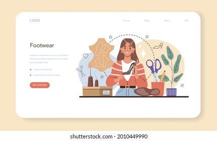Shoemaker web banner or landing page. Craftsman wearing an apron mending shoe. Handmade shoes manufactoring, cobbler profession. Isolated vector illustration