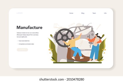 Shoemaker web banner or landing page. Craftsman wearing an apron mending shoe. Handmade shoes manufacturing, cobbler profession. Isolated vector illustration