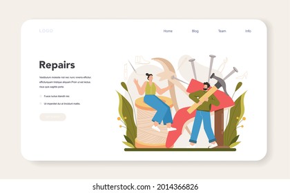 Shoemaker web banner or landing page. Craftsman wearing an apron mending shoe. Handmade shoes manufacturing, cobbler profession. Isolated vector illustration