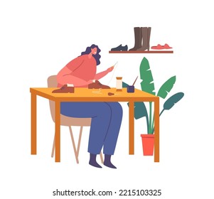 Shoemaker Woman with Awl Sitting at Workplace Create Handmade Footgear. Cobbler Artisan Character Making Footwear Using Special Equipment and Tools, Craftsmanship. Cartoon People Vector Illustration