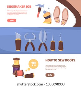 Shoemakers erschaffen horizontale Banner. Professionelle Werkzeuge für die Schuhreparatur und Nähen angesagter Leder Wildlederfarben mit meisterhaftem Design, handgefertigte, kundenspezifische Markenmodelle. Cartoon-Vektorvorlage.