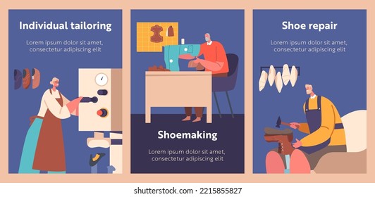 Shoemakers Create Handmade Footgear Cartoon Banners. Cobbler Professional Occupation Concept. Craftsman Artisan Characters Make Footwear Using Special Equipment and Tools. Vector Illustration, Posters