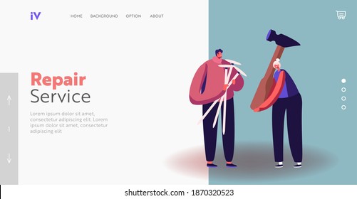 Shoemakers or Handyman Service Landing Page Template. Tiny Characters Holding Huge Nails and Hammer for Shoes Repair or Fixing Broken Things. People with Instruments Tools. Cartoon Vector Illustration