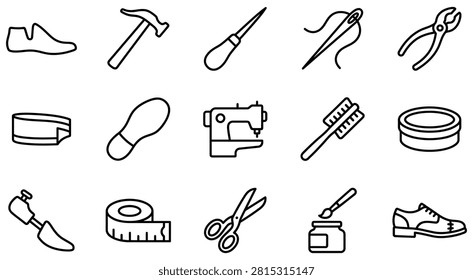 Shoemaking and leatherworking tools line icon set with shoemaking, leathercraft