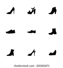 shoes 9 icons set, isolated, black on white background