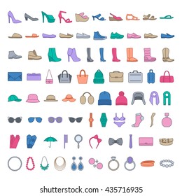 Shoes and accessories colored icons. Vector line icons shoes, bags, hats, jewelry glasses