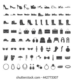 Shoes and accessories icons. Icons set: shoes, bags, hats, jewelry, glasses