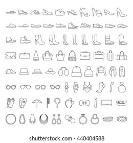 Shoes and accessories line icons. Vector icons set: shoes, bags, hats, jewelry glasses