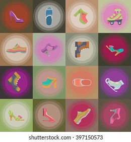 Shoes for all occasions on seamless background. Vector flat icon set and illustrations