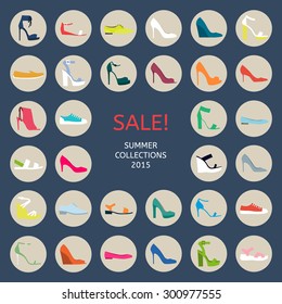 Shoes for all occasions: shoes, sandals, sneakers, boots. Vector flat colorful  icon set
