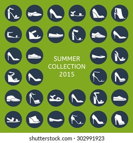 Shoes for all occasions: shoes, sandals, sneakers, boots. Vector flat colorful  icon set
