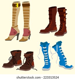 Shoes for all occasions: shoes, sneakers, boots. Vector flat icon set and illustrations
