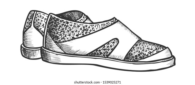 Shoes For Aqua Sport And Diving Monochrome Vector. Stylish Swimming Shoes. Diver And Surfer Footwear Comfortable Accessory Engraving Template Hand Drawn In Vintage Style Black And White Illustration