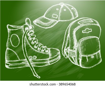 shoes, bag pack, cap, sketch