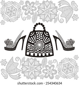 Shoes and bag pattern black and white vector illustration