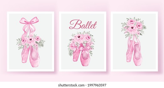 shoes ballerina poster with rose pink watercolor illustration