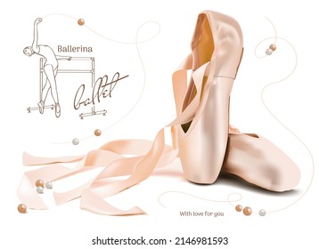 Shoes for ballet pointe shoes for professional ballet. Dance shoes with satin ribbon. Pointe shoes for a ballerina. Ballerina logo. The pearls on the string crumbled. Gentle colors.
