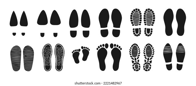 Shoes and barefoot footprints. Isolated step tread or vector foot traces with baby feet. Human barefoot and sneakers sole, tracking boot, woman shoe on heels and flip flops, slippers black trails