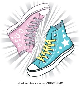 shoes blue with stars for men and pink hearts with woman on background gray rays