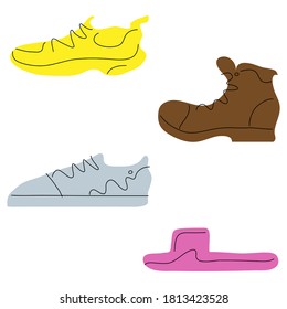 Shoes boot sneakers flip-flops product doodle logo icon sign set Hand drawn sketch Cute cartoon design game style Fashion print for clothes apparel greeting card banner online store poster flyer cover
