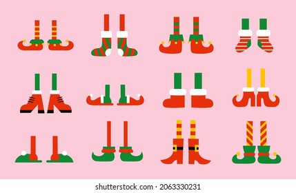 Shoes and boots for elves feet. Santa Claus helpers. Vector collection of cute cartoon Christmas holiday elf feet and legs. Isolated illustrations