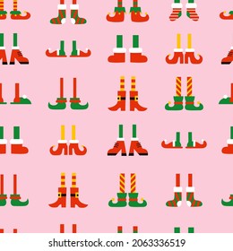 Shoes and boots for elves feet. Santa Claus helpers. Seamless pattern, endless texture, decorative Christmas holiday wallpaper with feet and legs. Elf gnome dwarf